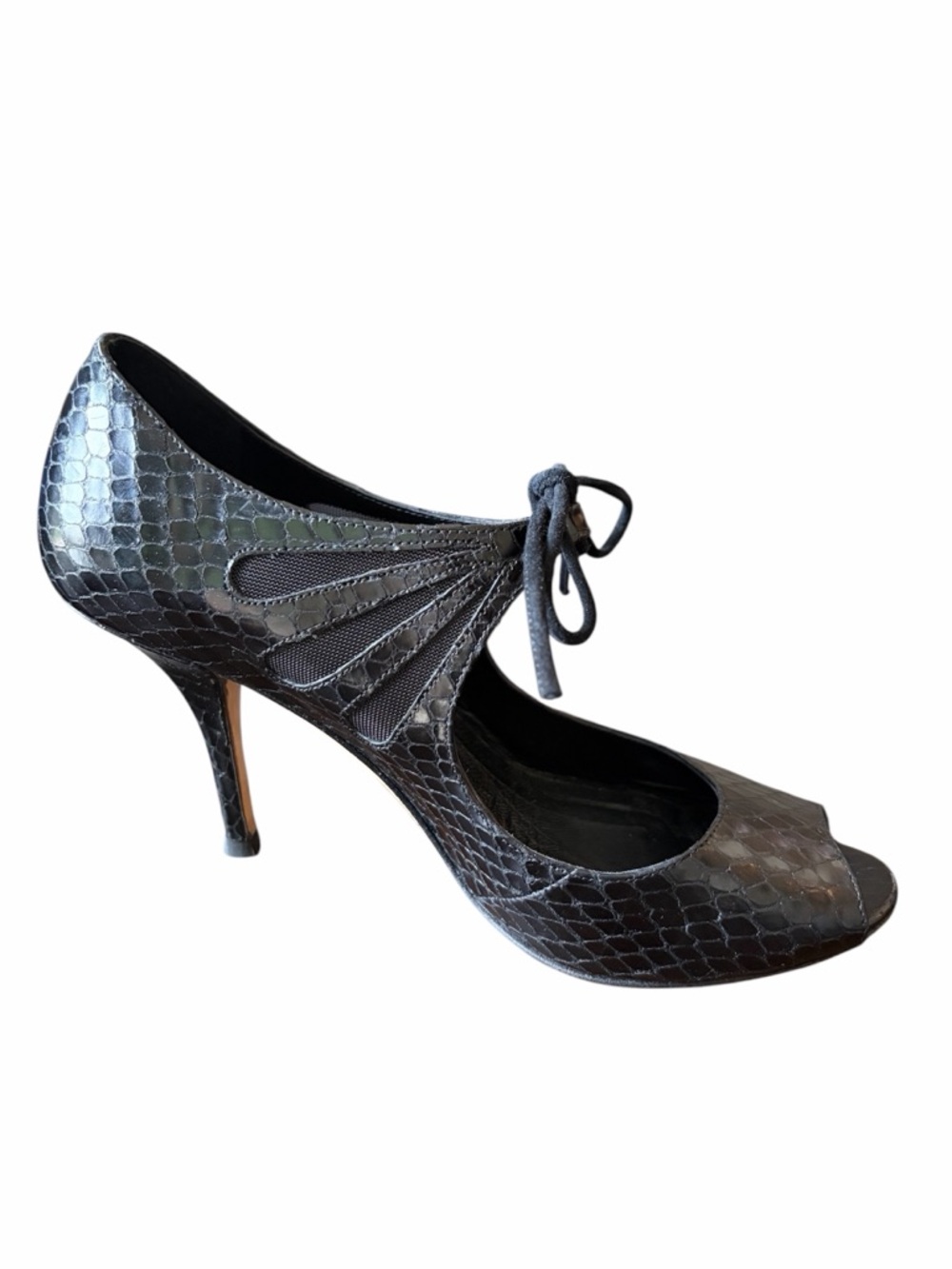 Kate Spade Cybil Black Snakeskin Peep-Toe Mary Jane Lace-Up Heels Black 7